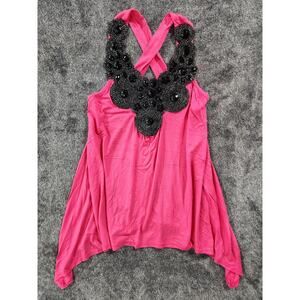 VINTAGE Moa Moa Embellished Halter Cross Back Flowy Baby Doll Top, Womens Medium